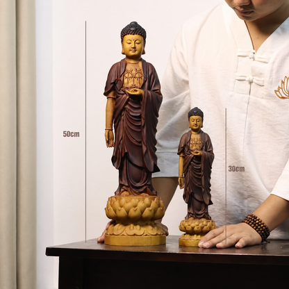 พระอมิตาภพุทธเจ้า ยืนถือดอกบัว ไม้โก๋ว่างธรรมชาติ